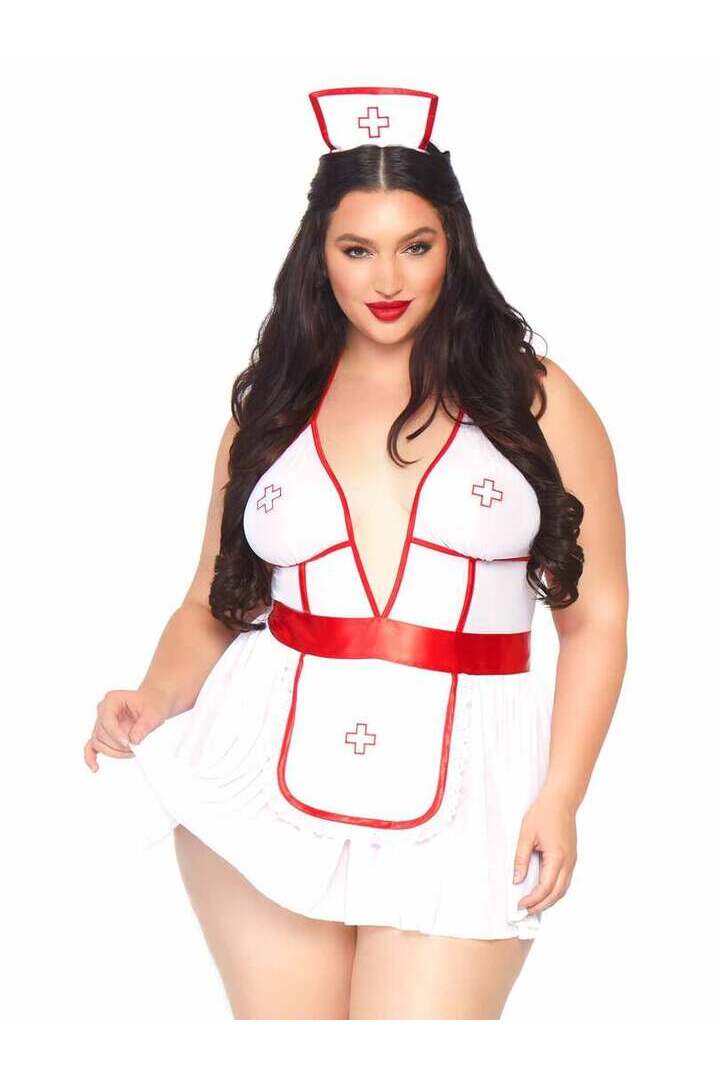 Leg Avenue Plus Nightshift Nurse Lingerie Set White/Red in 1X/2X 