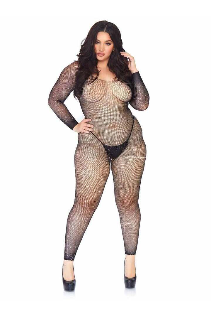 Leg Avenue Plus Please Me Rhinestone Bodystocking Black in 1X/2X 2