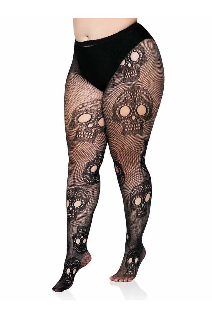 Leg Avenue Plus Sugar Skull Net Tights Black in 1X/2X 2