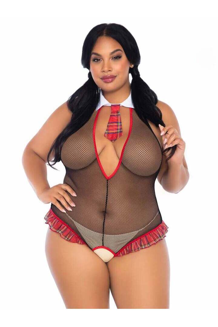 Leg Avenue Plus Teachers Pet Schoolgirl Fishnet Teddy Black in 1X/2X 
