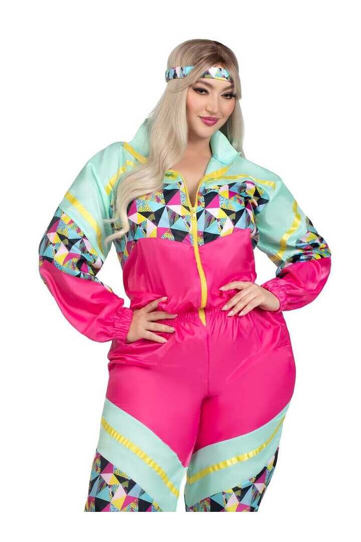 Leg Avenue Plus Totally 80s Tracksuit Costume in Turquoise/Neon Pink 2