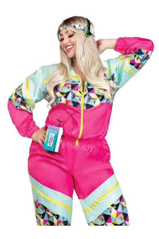 Leg Avenue Plus Totally 80s Tracksuit Costume in Turquoise/Neon Pink 