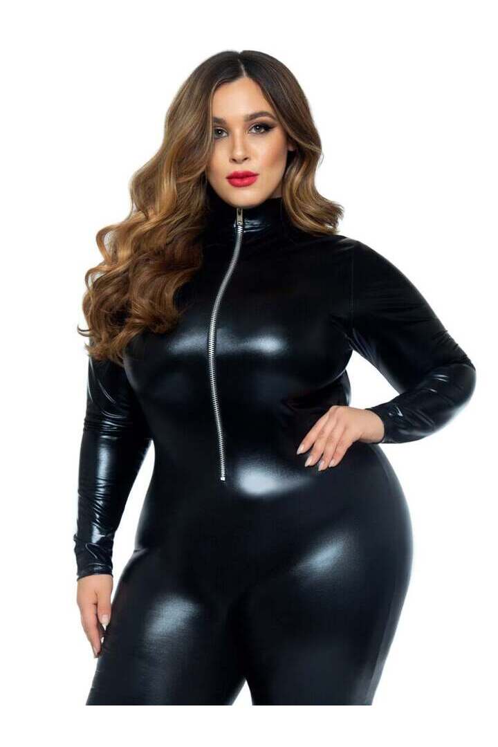 Leg Avenue Plus Wet Look Leather Catsuit in Black 2