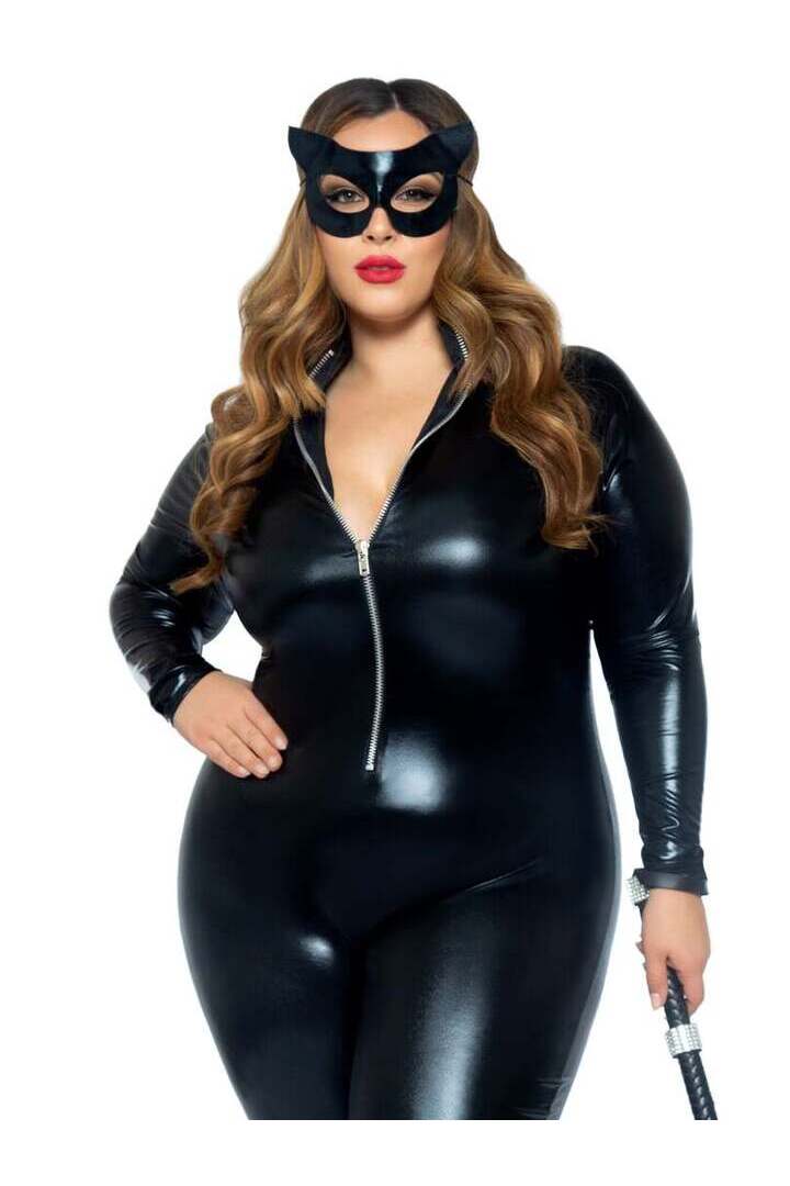 Leg Avenue Plus Wet Look Leather Catsuit in Black 3