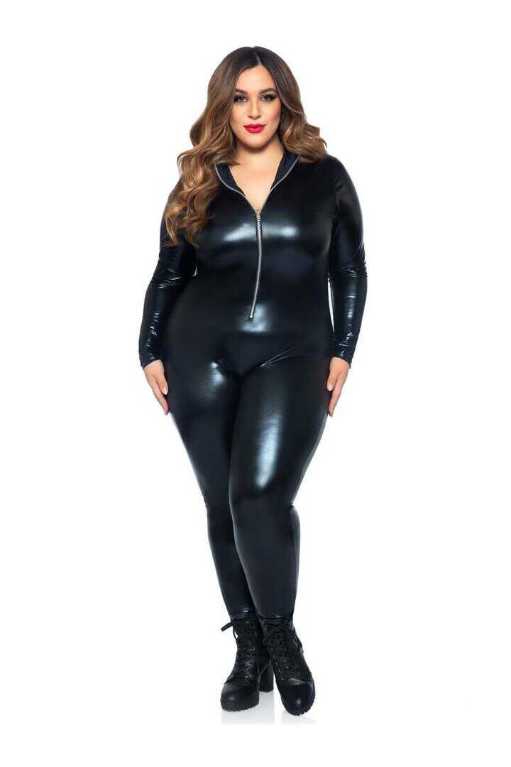 Leg Avenue Plus Wet Look Leather Catsuit in Black 4