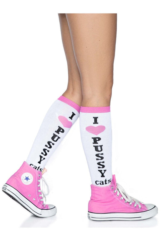 Leg Avenue Pussycat Knee High Socks White/Pink in One Size 