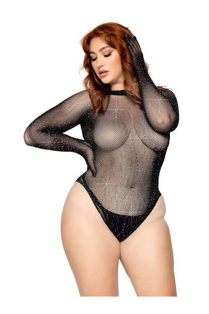 Leg Avenue Risk Factor Plus Gloved Bodysuit Black in 1X/2X 3