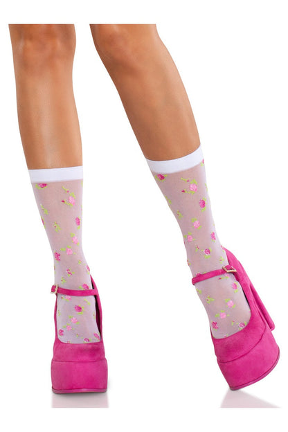 Leg Avenue Rosette Sheer Crew Socks White/Pink in One Size  2