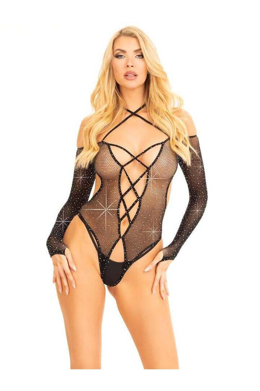 Leg Avenue Say My Name Rhinestone Crotchless Teddy in One Size 