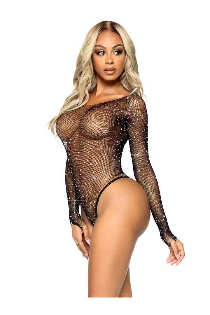 Leg Avenue Shining Star Rhinestone Bodysuit Black in One Size 3
