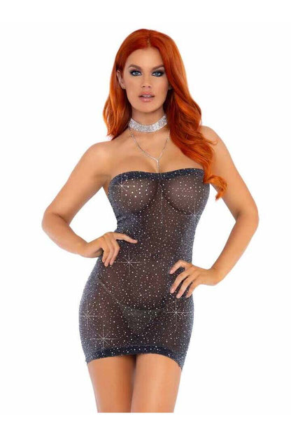 Leg Avenue Show Off Rhinestone Tube Dress Black/Silver in One Size 