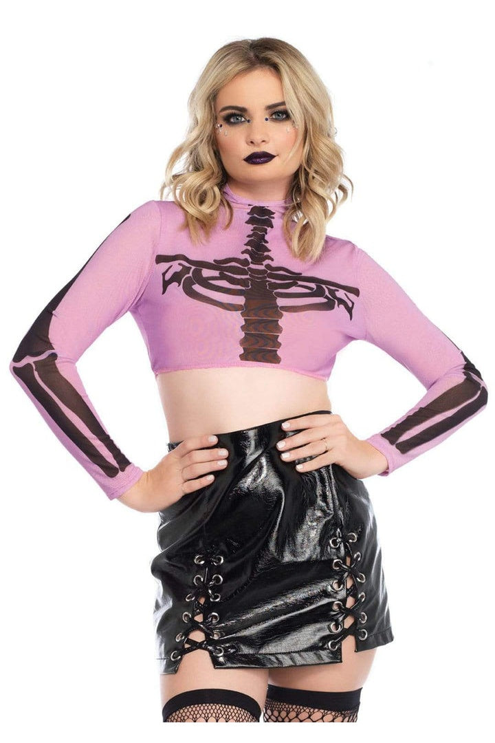 Leg Avenue Skeleton High Neck Long Sleeve Mesh Crop Top Purple  2