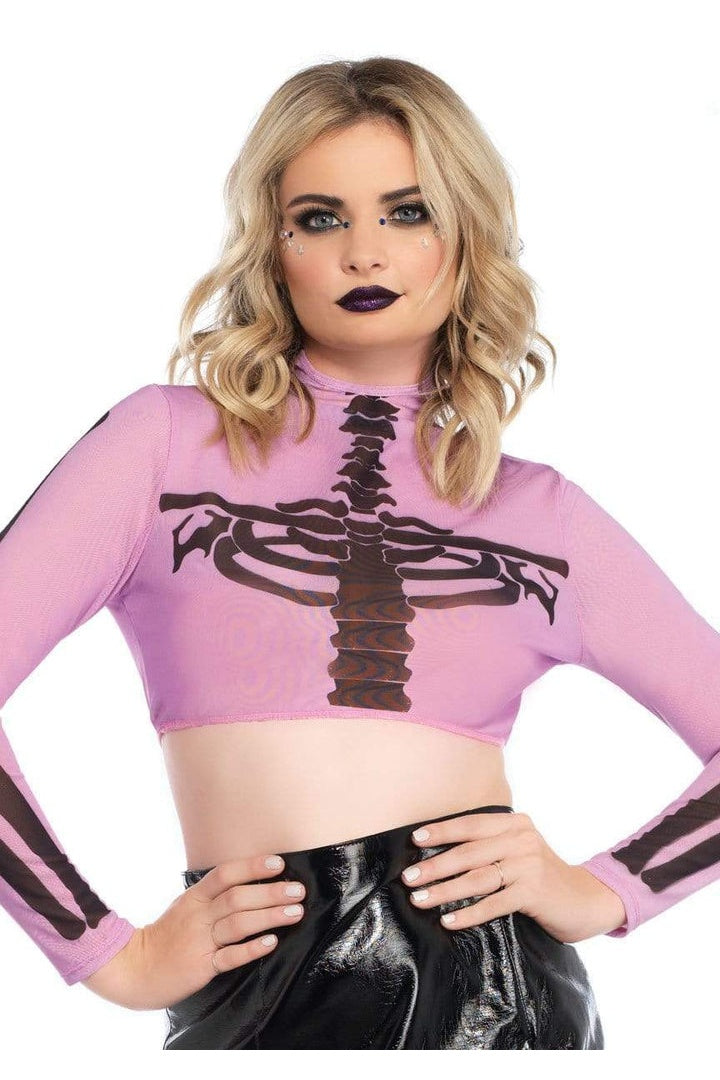 Leg Avenue Skeleton High Neck Long Sleeve Mesh Crop Top Purple 
