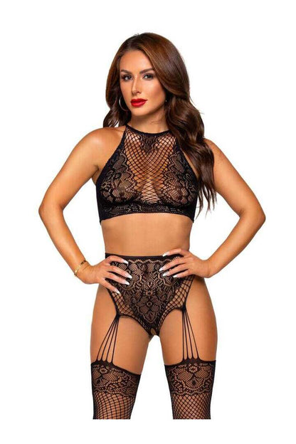 Leg Avenue Stay Awhile Crop Top and Crotchless Panty Set Black in One Size 3