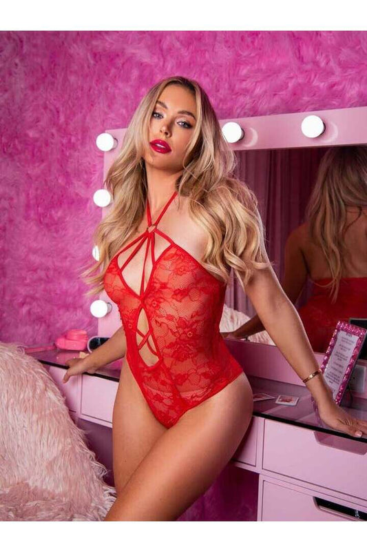 Leg Avenue Strappy Lace Teddy Red 