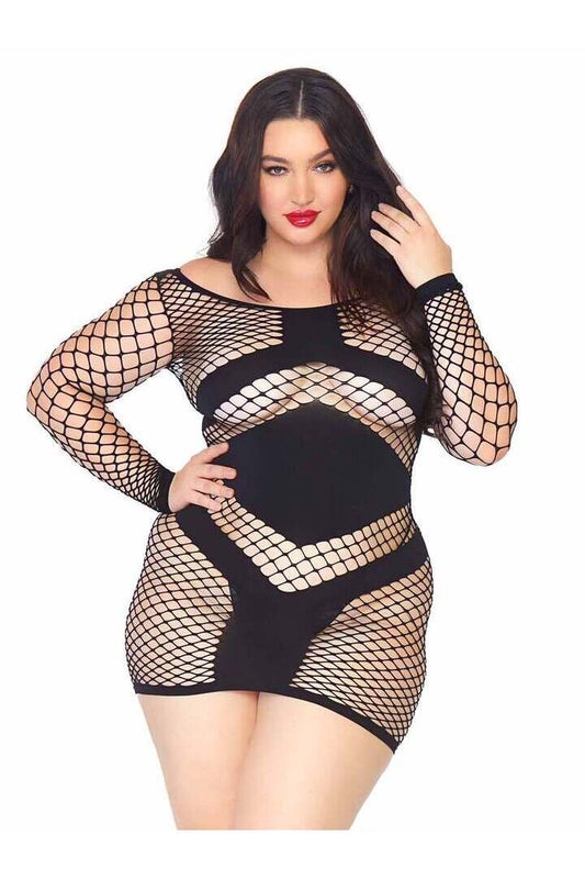 Leg Avenue Take Charge Plus Fishnet Dress Black in Queen Size 