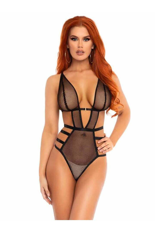 Leg Avenue Tied Down Fishnet Teddy in Black 
