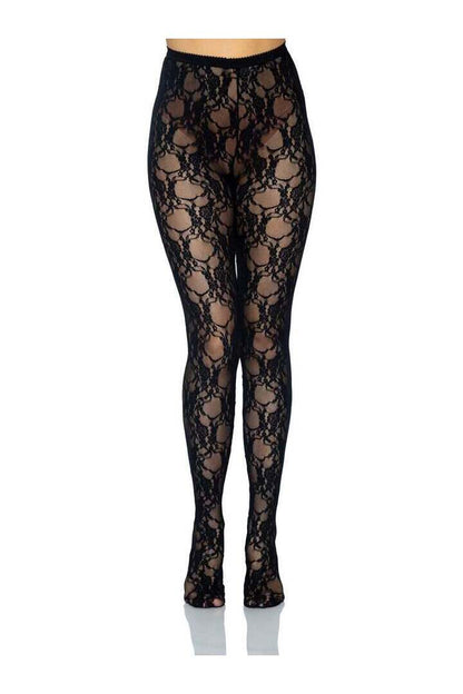 Leg Avenue Tori Floral Lace Tights Black in One Size 4