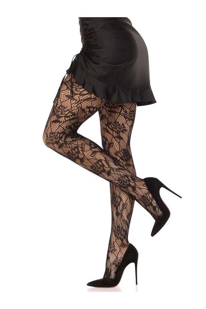 Leg Avenue Wild Rose Net Tights Black in One Size 2