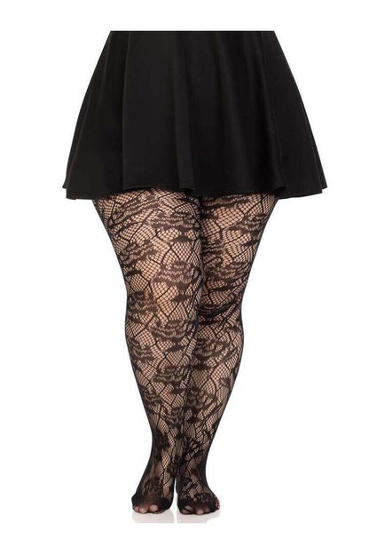 Leg Avenue Wild Rose Plus Floral Tights Black in 1X/2X 2