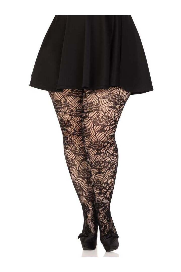 Leg Avenue Wild Rose Plus Floral Tights Black in 1X/2X 