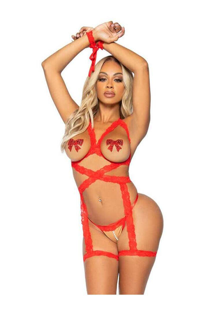Leg Avenue Yours Tonight Cupless Cami Garter Set Red in One Size 2
