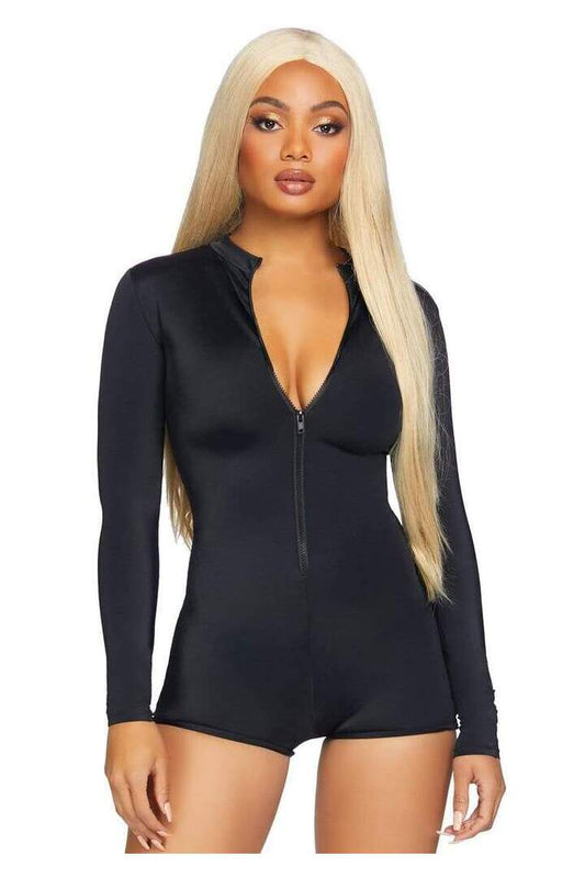Leg Avenue Zipper Front Long Sleeved Matte Romper in Black 