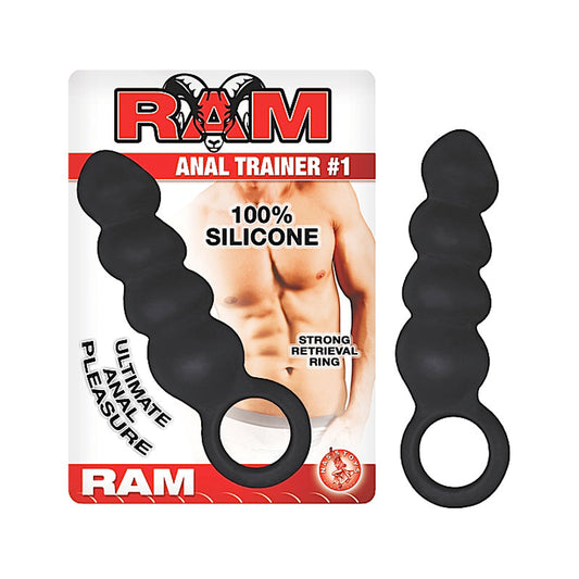 Nasstoys Ram Anal Trainer #1 4in. Silicone Rippled Anal Plug With Retrieval Ring (Black) 
