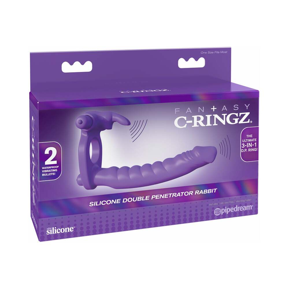 Pipedream Fantasy C-Ringz Double Penetrator Vibrating Rabbit Dual Entry Cockring Purple 