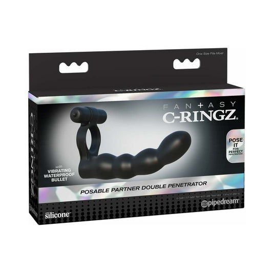 Pipedream Fantasy C-Ringz Posable Partner Double Penetrator Vibrating Cockring Black 