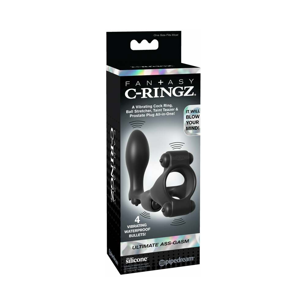 Pipedream Fantasy C-Ringz Ultimate Ass-Gasm Vibrating Silicone Cockring With Anal Plug Black 