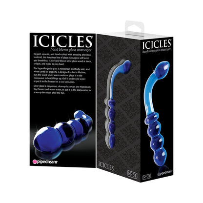 Pipedream Icicles No. 31 Curved Beaded 7.25 in. Dual-Ended Glass Dildo Blue 4
