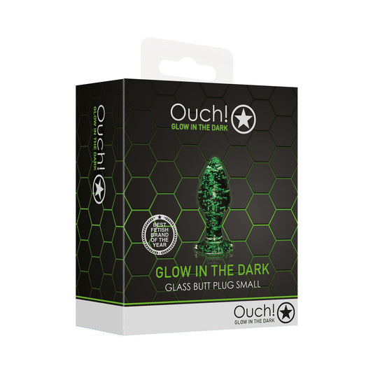 Shots Ouch! Glow in the Dark Glass Anal Plug Clear/Green 