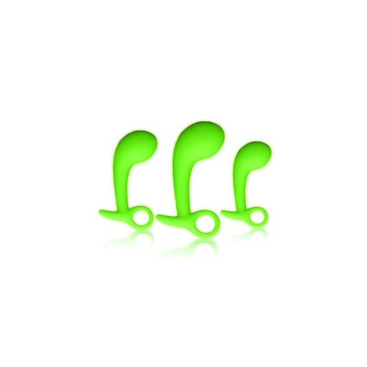 Shots Ouch! Glow in the Dark Prostate Kit 3-Piece Anal Plug Set Neon Green 1