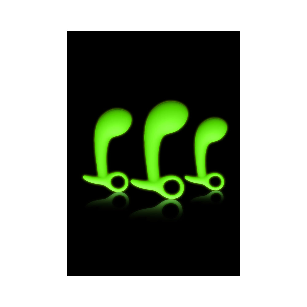 Shots Ouch! Glow in the Dark Prostate Kit 3-Piece Anal Plug Set Neon Green 2