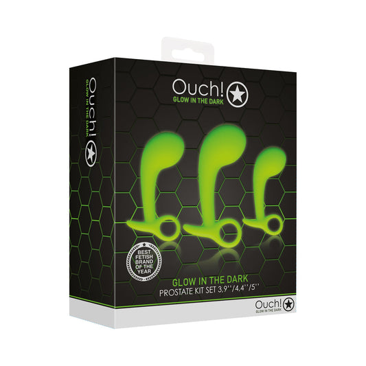 Shots Ouch! Glow in the Dark Prostate Kit 3-Piece Anal Plug Set Neon Green 