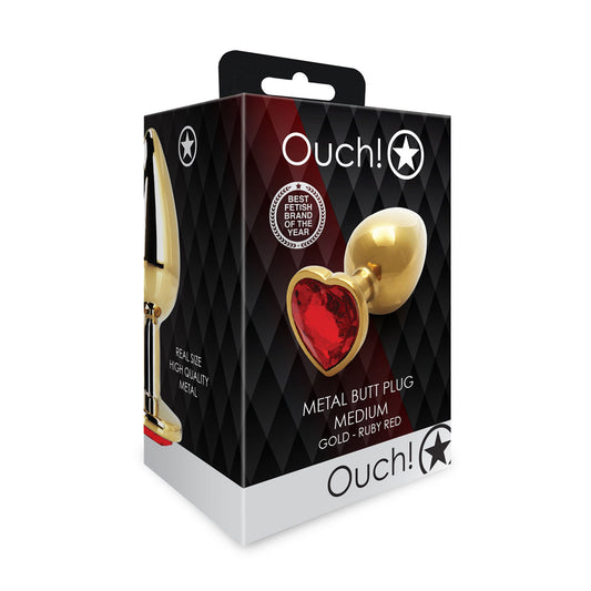 Shots Ouch! Heart Gem Butt Plug Medium Gold/Ruby Red 