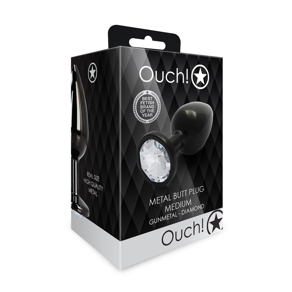 Shots Ouch! Round Gem Butt Plug Medium Gunmetal/Diamond 