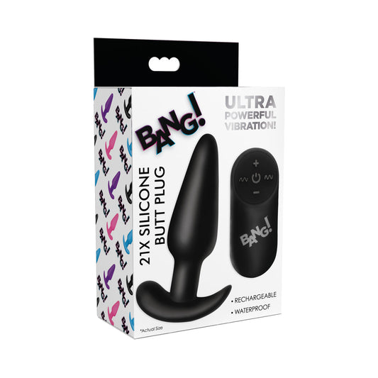 XR Brands BANG! 21X Vibrating Silicone Butt Plug with Remote Control Black 