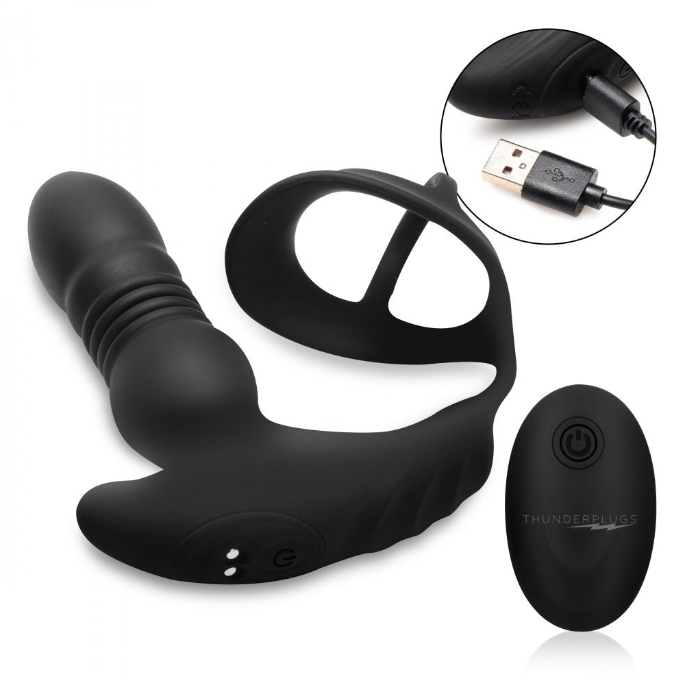 XR Brands Thunderplugs 10X Thrusting Silicone Vibrator with Cock & Ball Strap & Remote 11