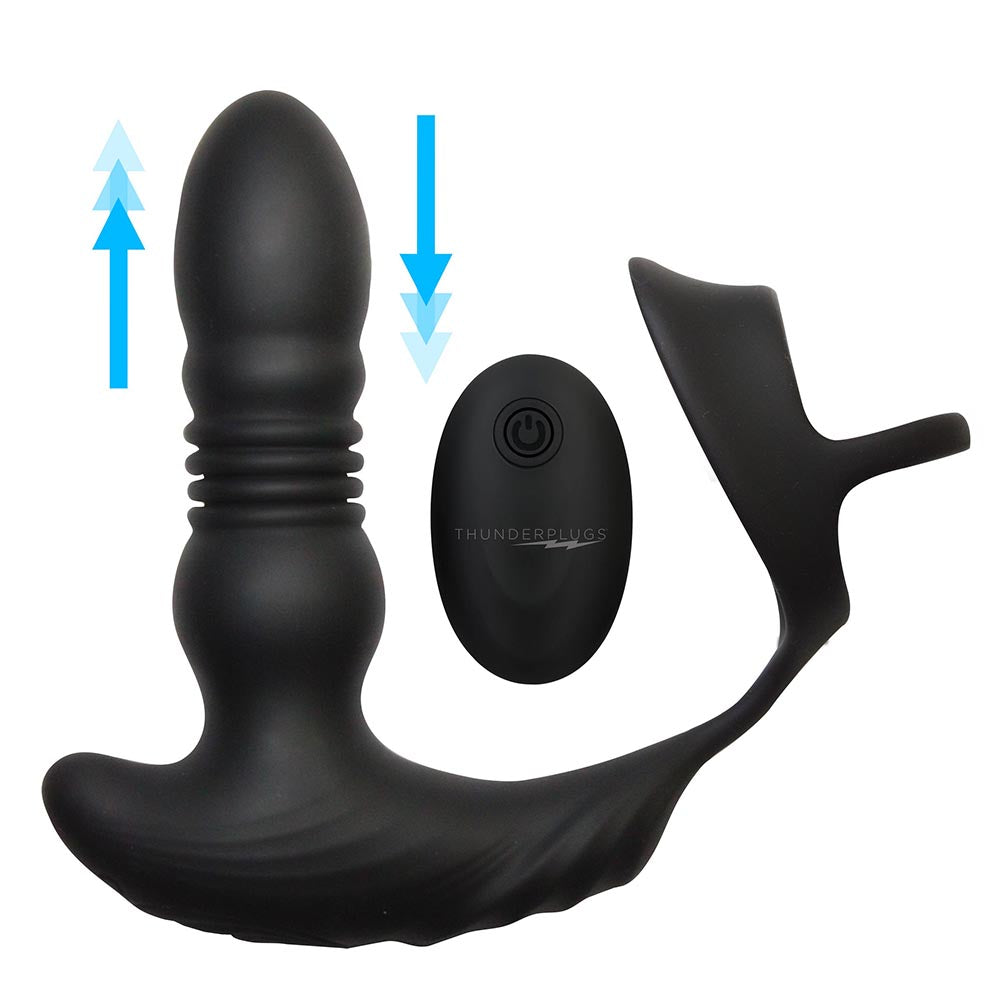 XR Brands Thunderplugs 10X Thrusting Silicone Vibrator with Cock & Ball Strap & Remote 12