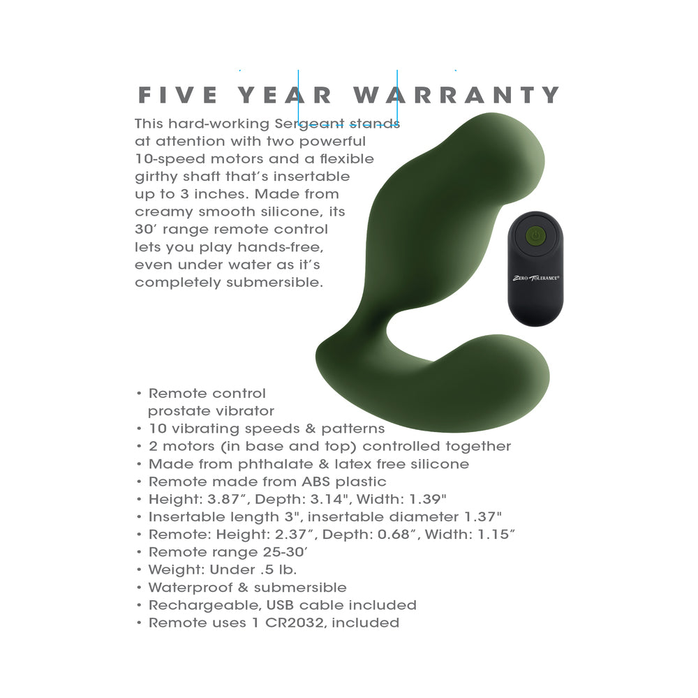 Zero Tolerance The Sergeant Rechargeable Vibrating Prostate Anal Vibe Silicone Green 10
