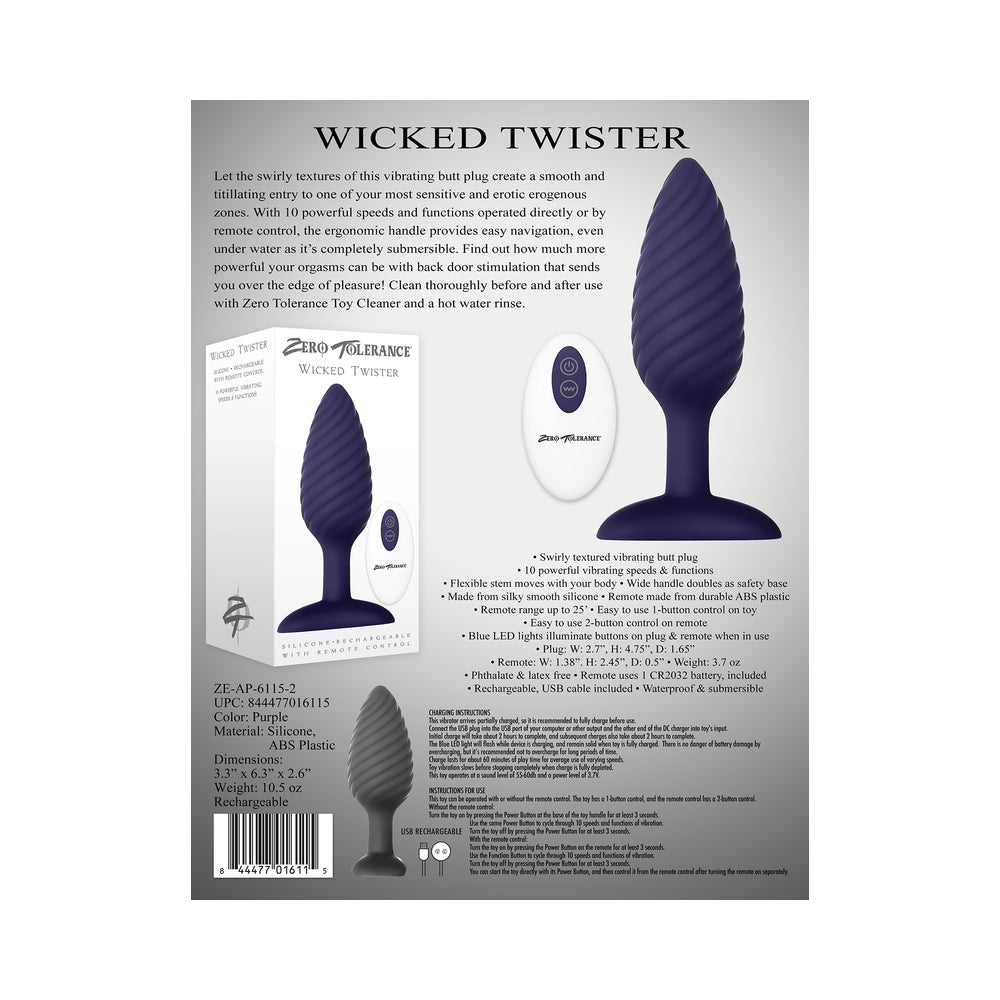 Zero Tolerance Wicked Twister Textured Vibrating Silicone Anal Plug Purple 10