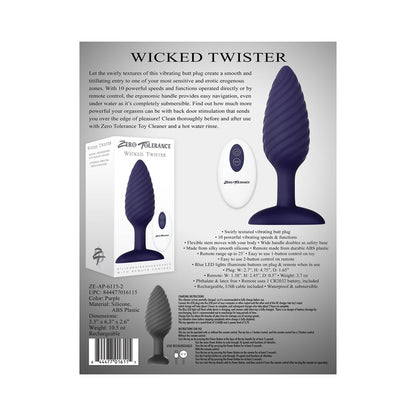 Zero Tolerance Wicked Twister Textured Vibrating Silicone Anal Plug Purple 10
