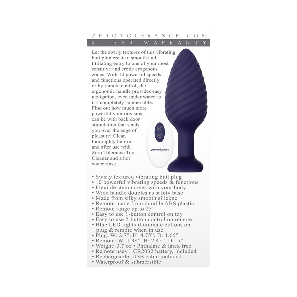 Zero Tolerance Wicked Twister Textured Vibrating Silicone Anal Plug Purple 9